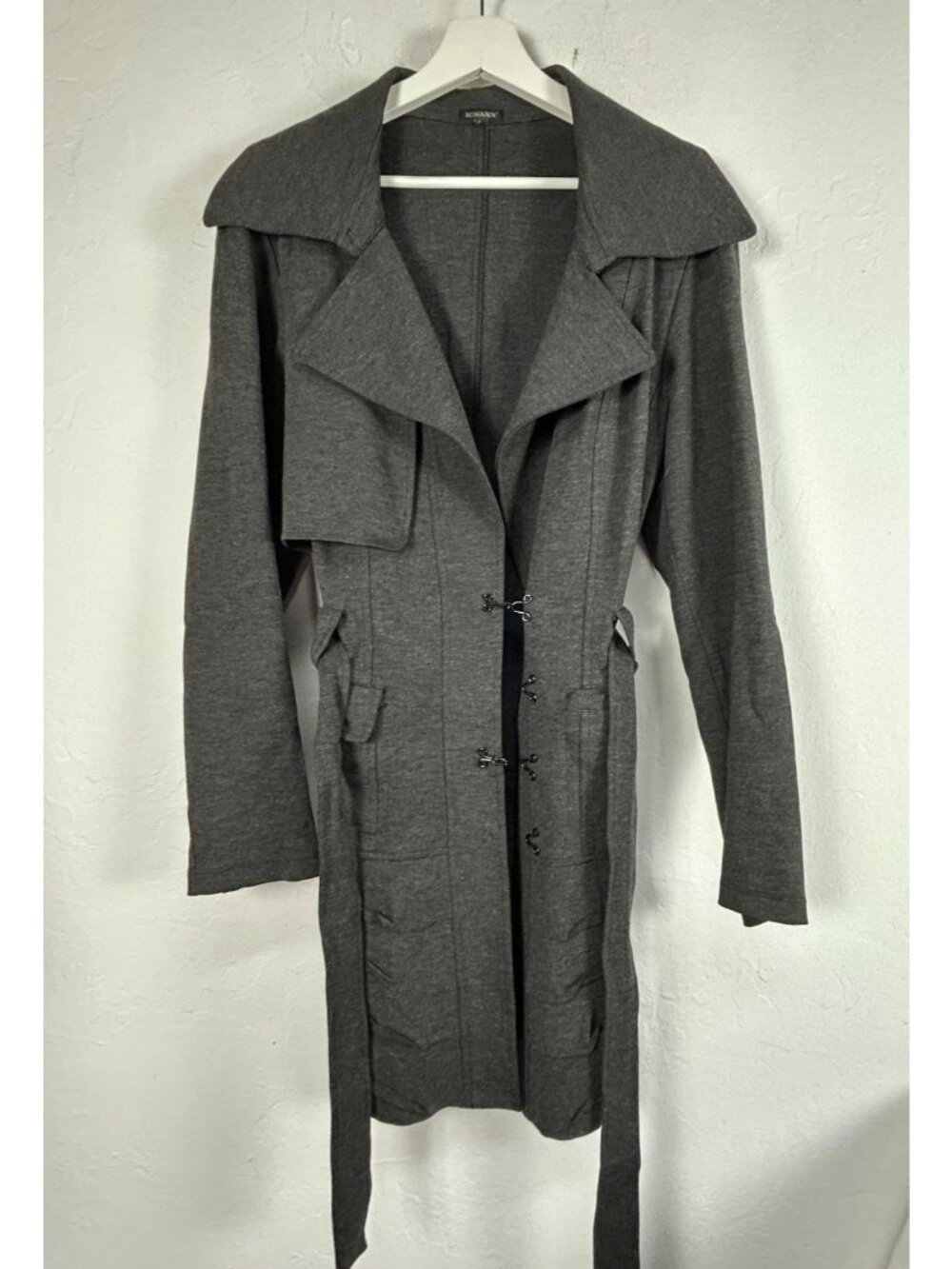 Komarov Womens Belted Jacket Coat Hook Clasp Notch Collar Gray Stretch Casual